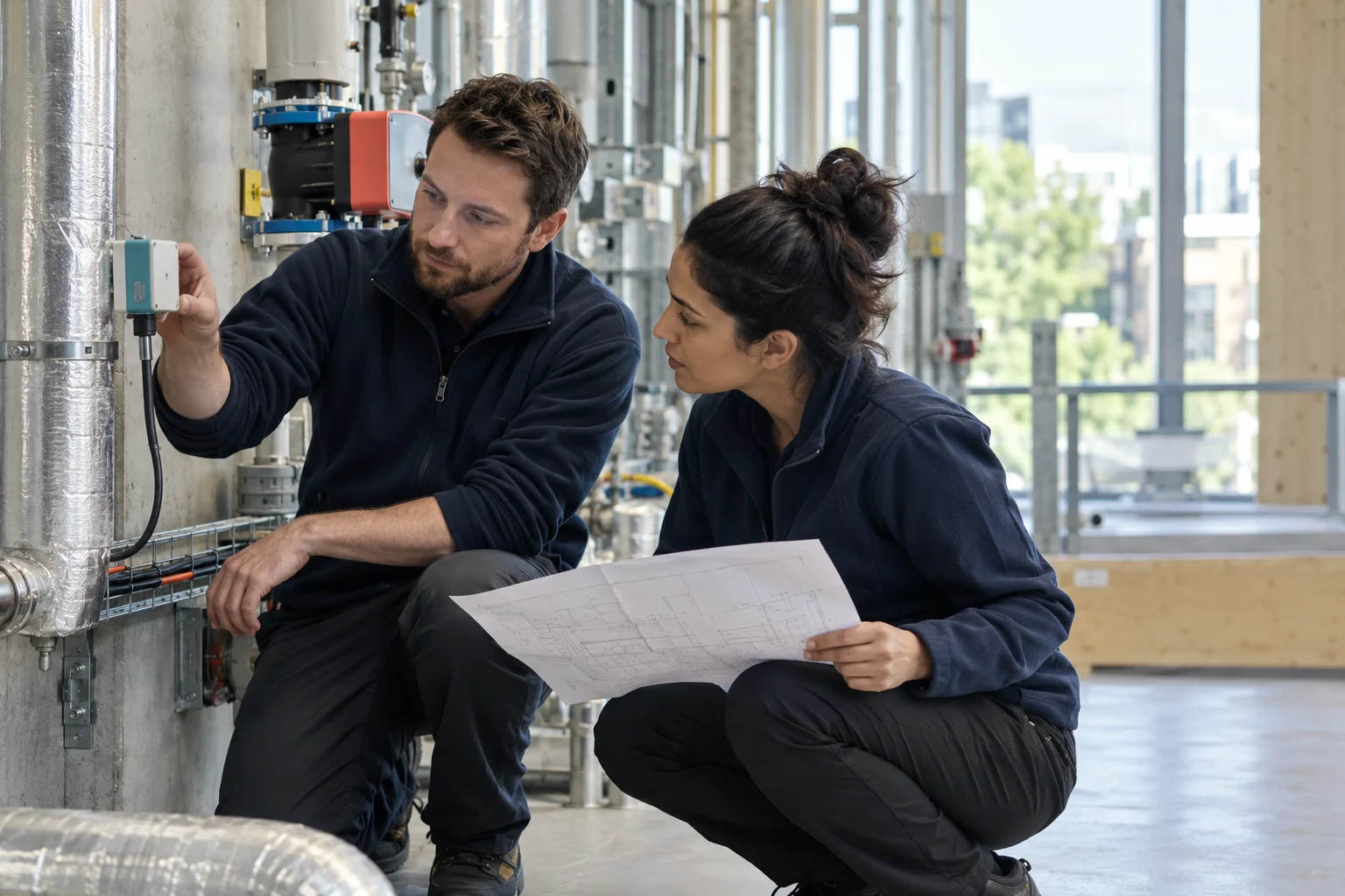 Two people examining a sensor installation beside building-services equipment