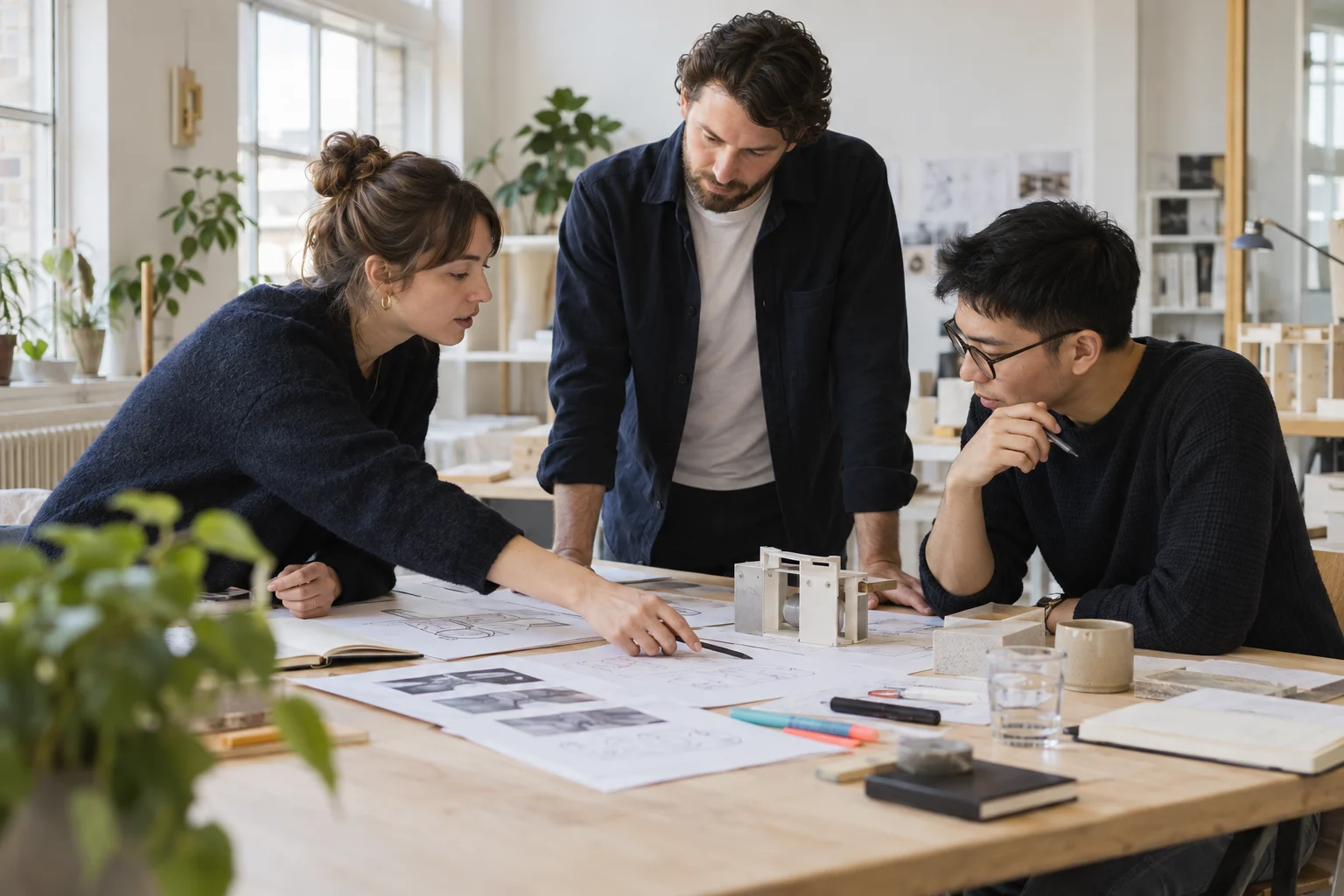 Three people reviewing technical drawings and a prototype in a studio